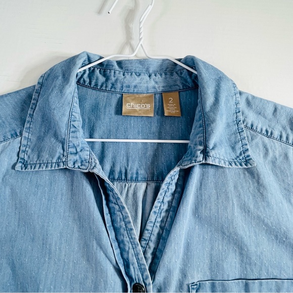 Chicos 100% Cotton Jean Shirt polka dots  Lightweigh Button Front ombre Look L - Picture 2 of 8